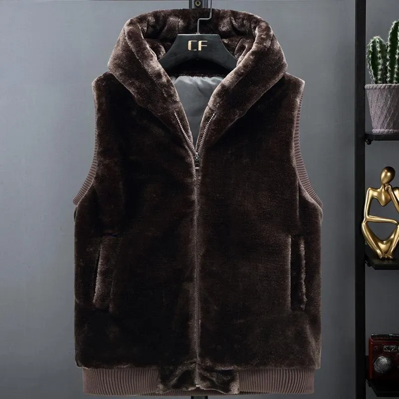 2023 New Sleeveless Jacket Men Hooded Warm Thermal Witnter Faux Fur Vest Male Plush Flannel Coat Fluffy Fleece Waistcoat Autumn