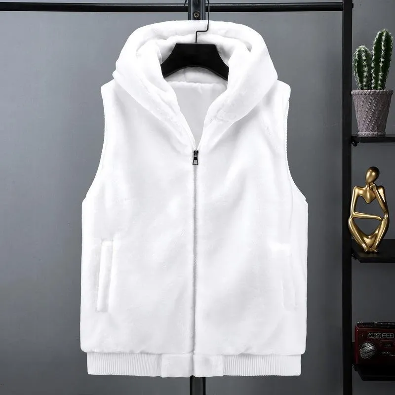 2023 New Sleeveless Jacket Men Hooded Warm Thermal Witnter Faux Fur Vest Male Plush Flannel Coat Fluffy Fleece Waistcoat Autumn