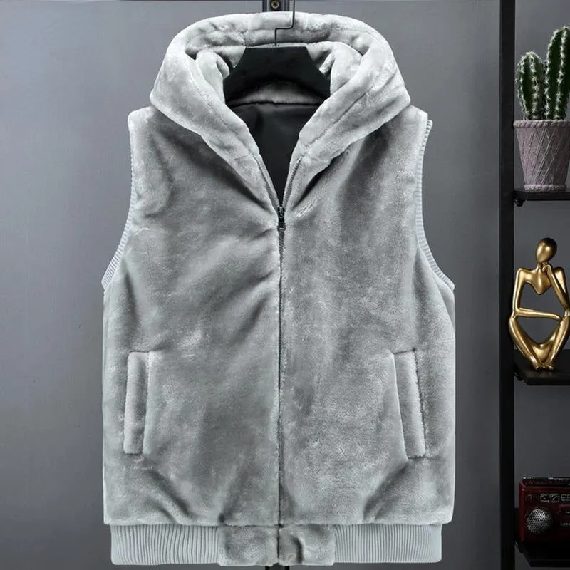 2023 New Sleeveless Jacket Men Hooded Warm Thermal Witnter Faux Fur Vest Male Plush Flannel Coat Fluffy Fleece Waistcoat Autumn