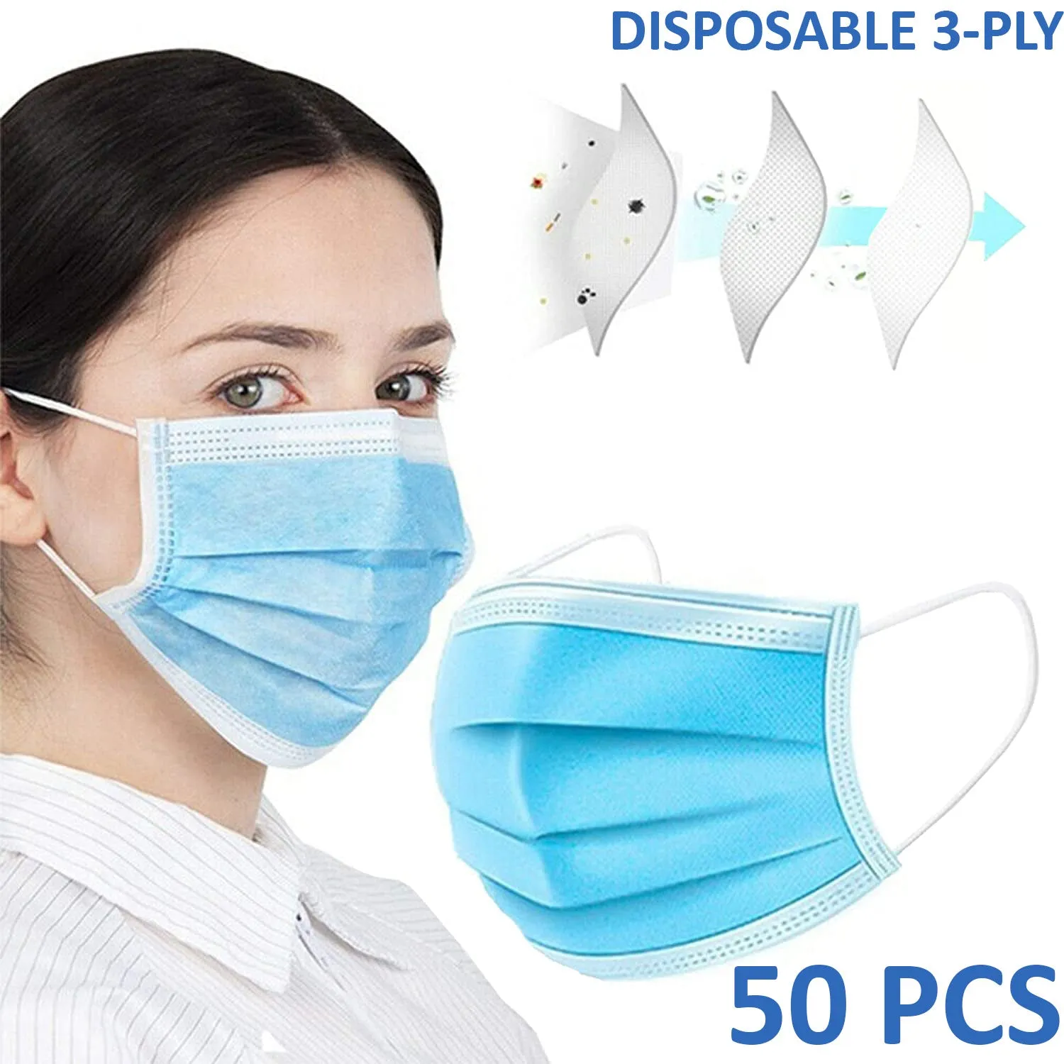 50 PCS Face Mask Medical Surgical Dental Disposable 3-Ply Mouth Cover