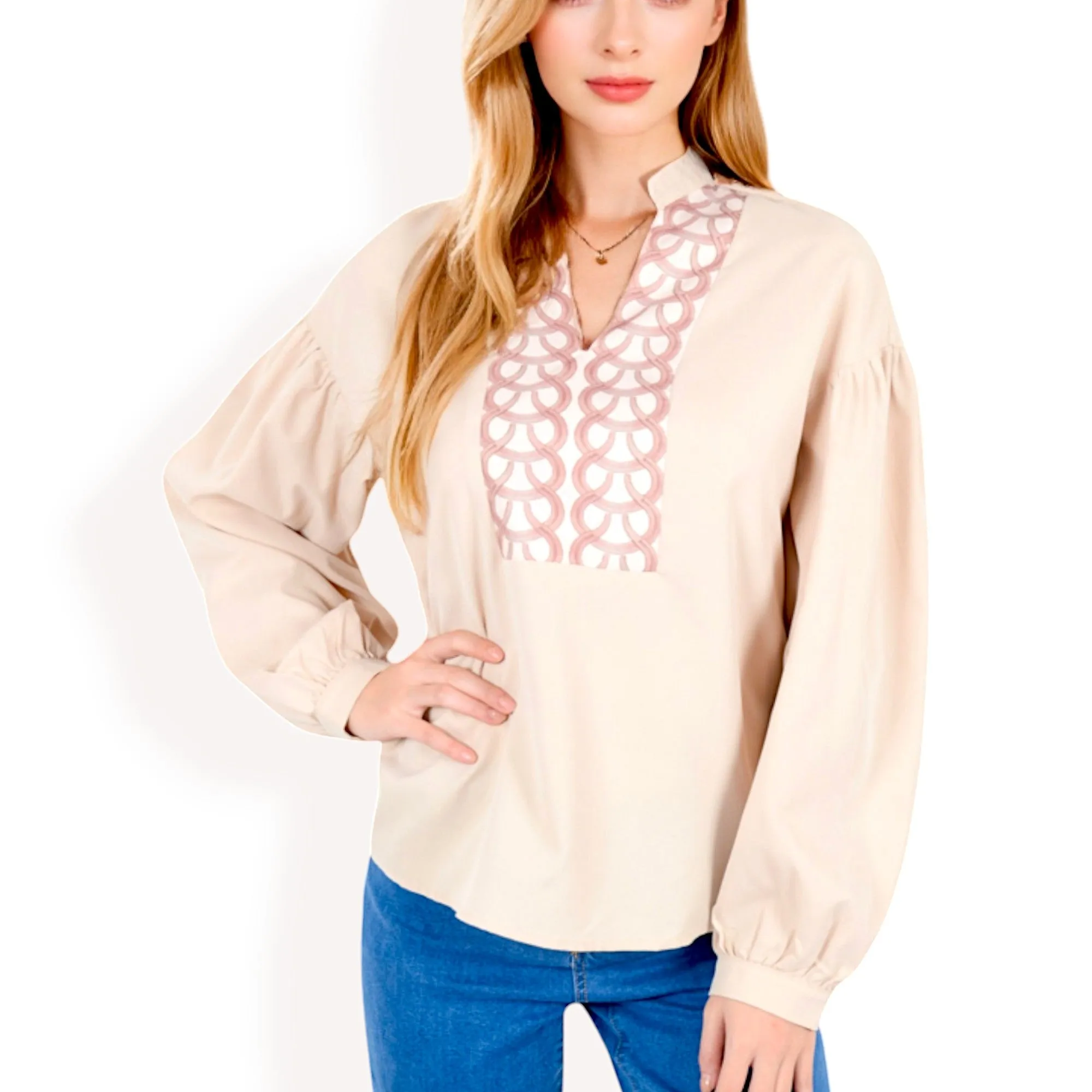 Anna-Kaci Women's Long Sleeve Blouse with Embroidered Front Detail and Stand Collar