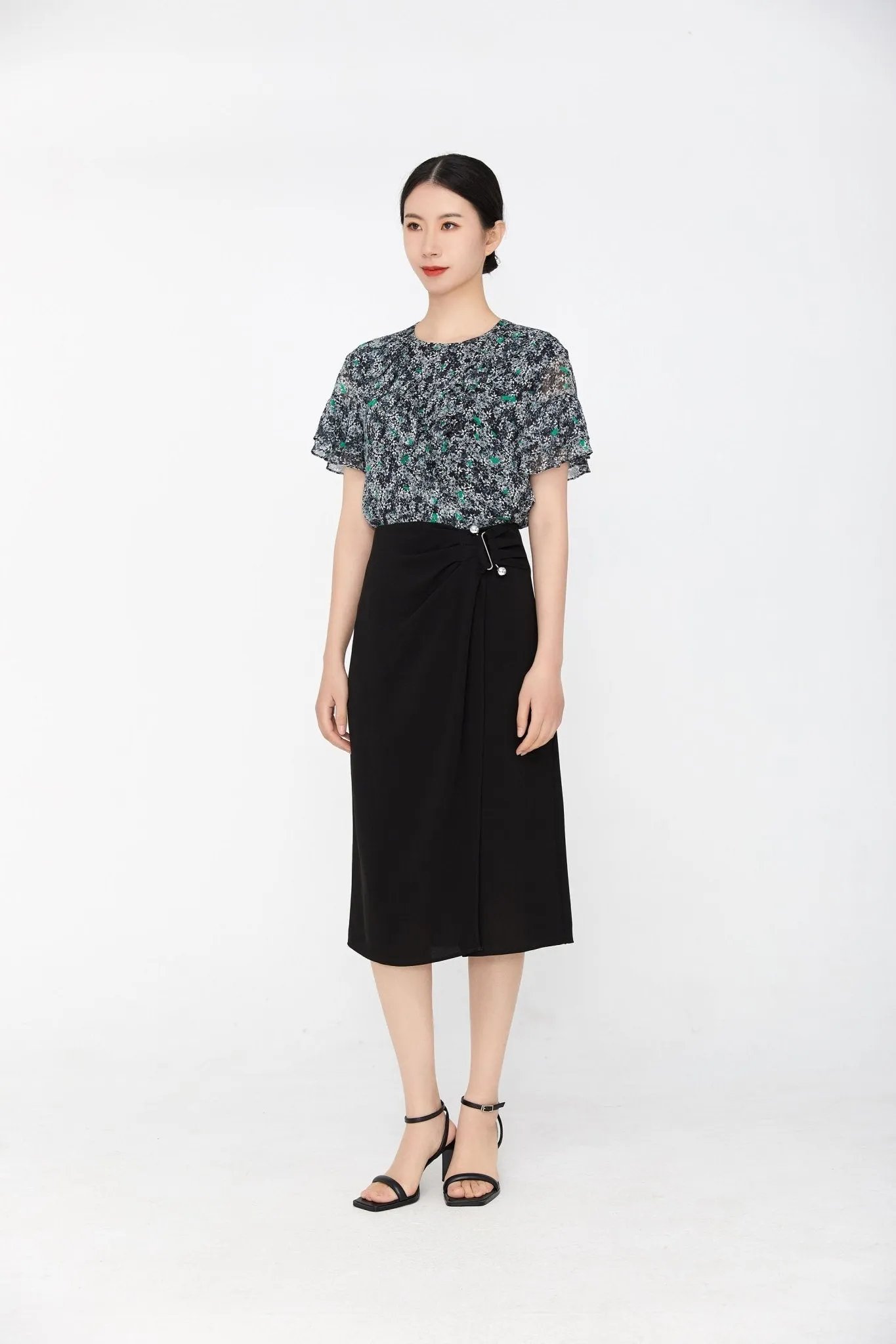 Black Midi Skirt High Waist Metal Buckle