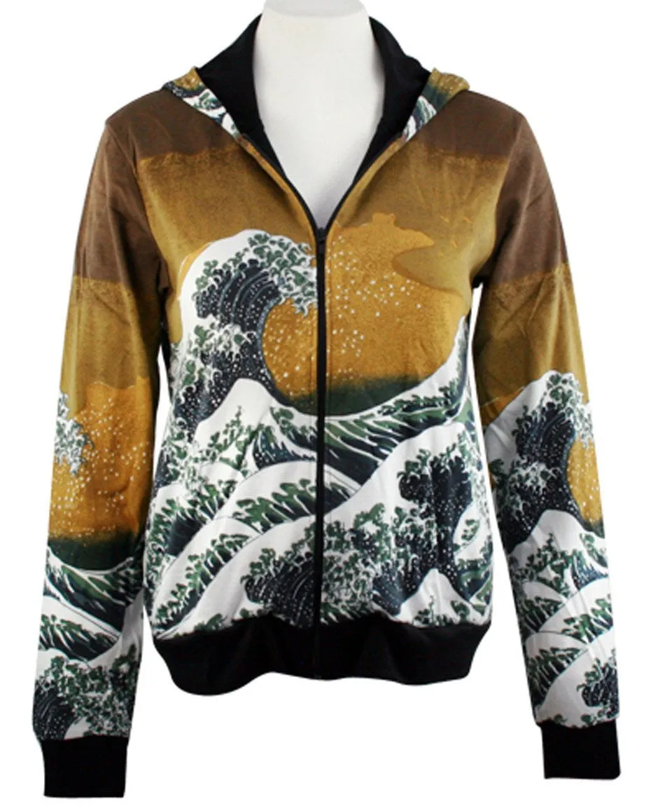 Breeke - The Great Wave, Long Sleeve Zippered Hand Silk Screened Hoodie