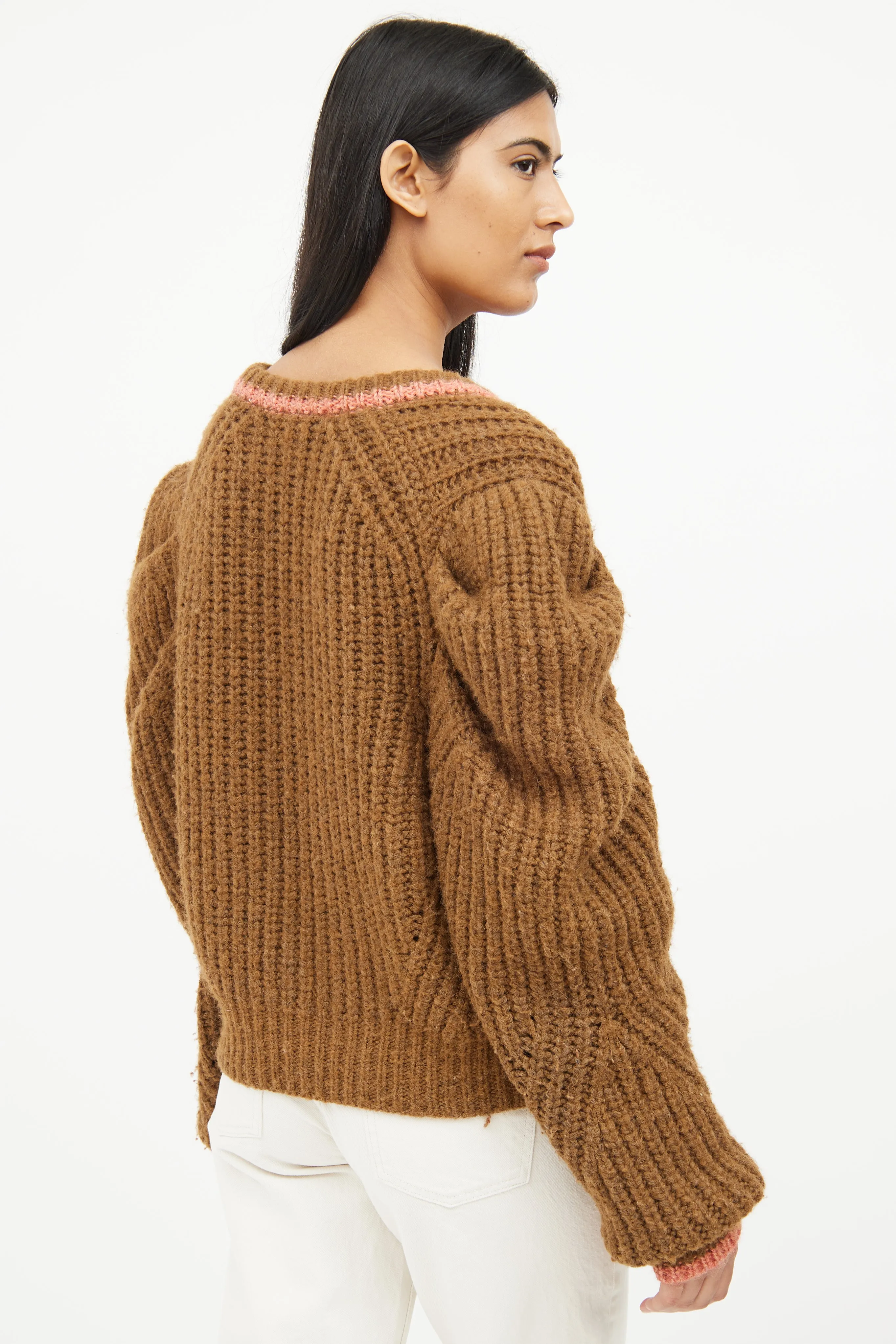 Brown Knit Wool Button Cardigan