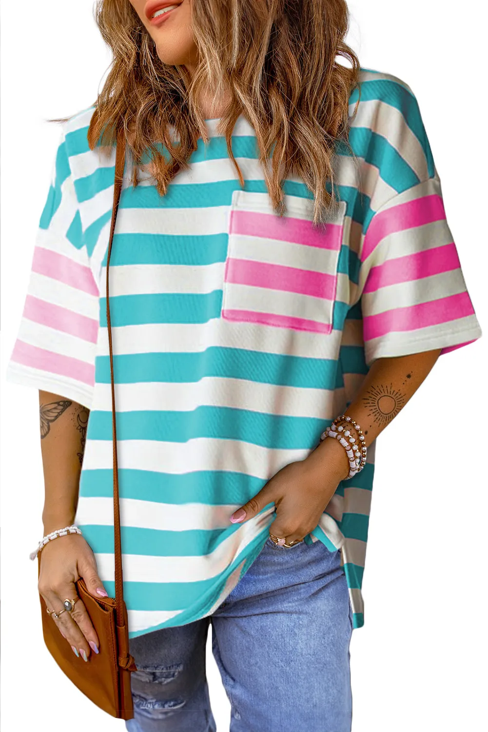 Contrast Patch Drop Sleeve T Shirt