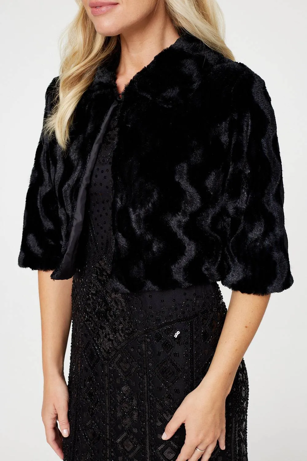 Faux Fur 1/2 Sleeve Cropped Jacket