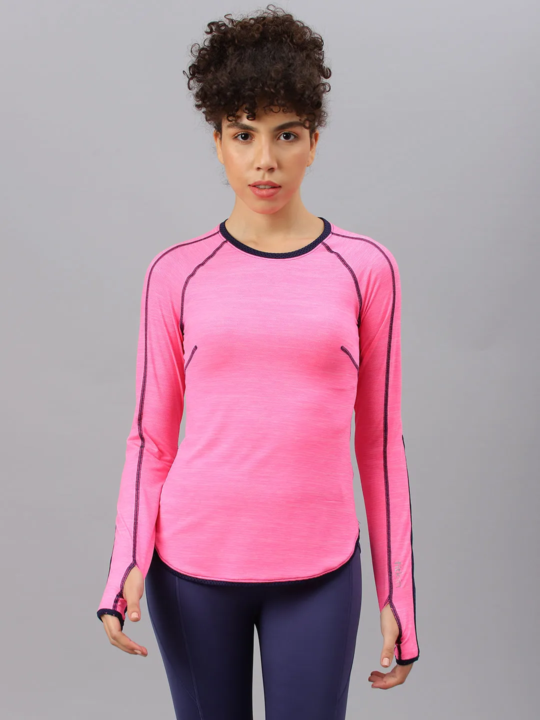 Fitkin women's neon pink colourblock full sleeve tshirt with back stich design