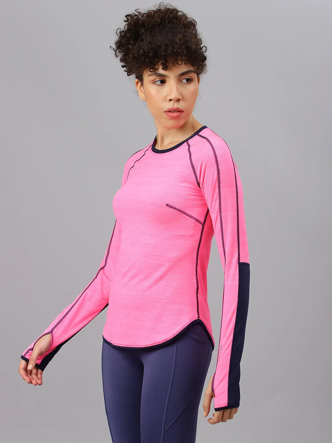 Fitkin women's neon pink colourblock full sleeve tshirt with back stich design