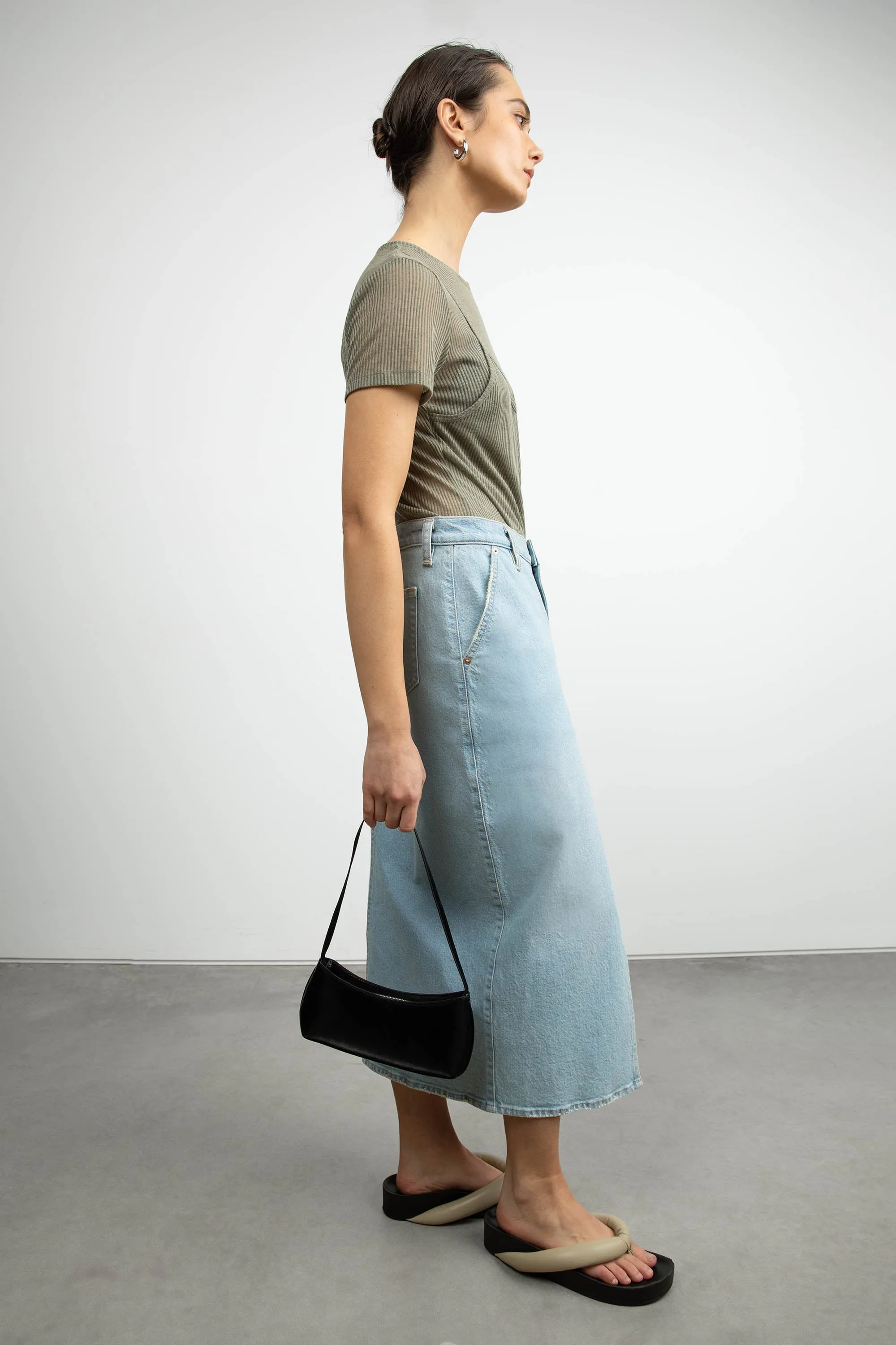 FRONT SLIT DENIM MIDI SKIRT