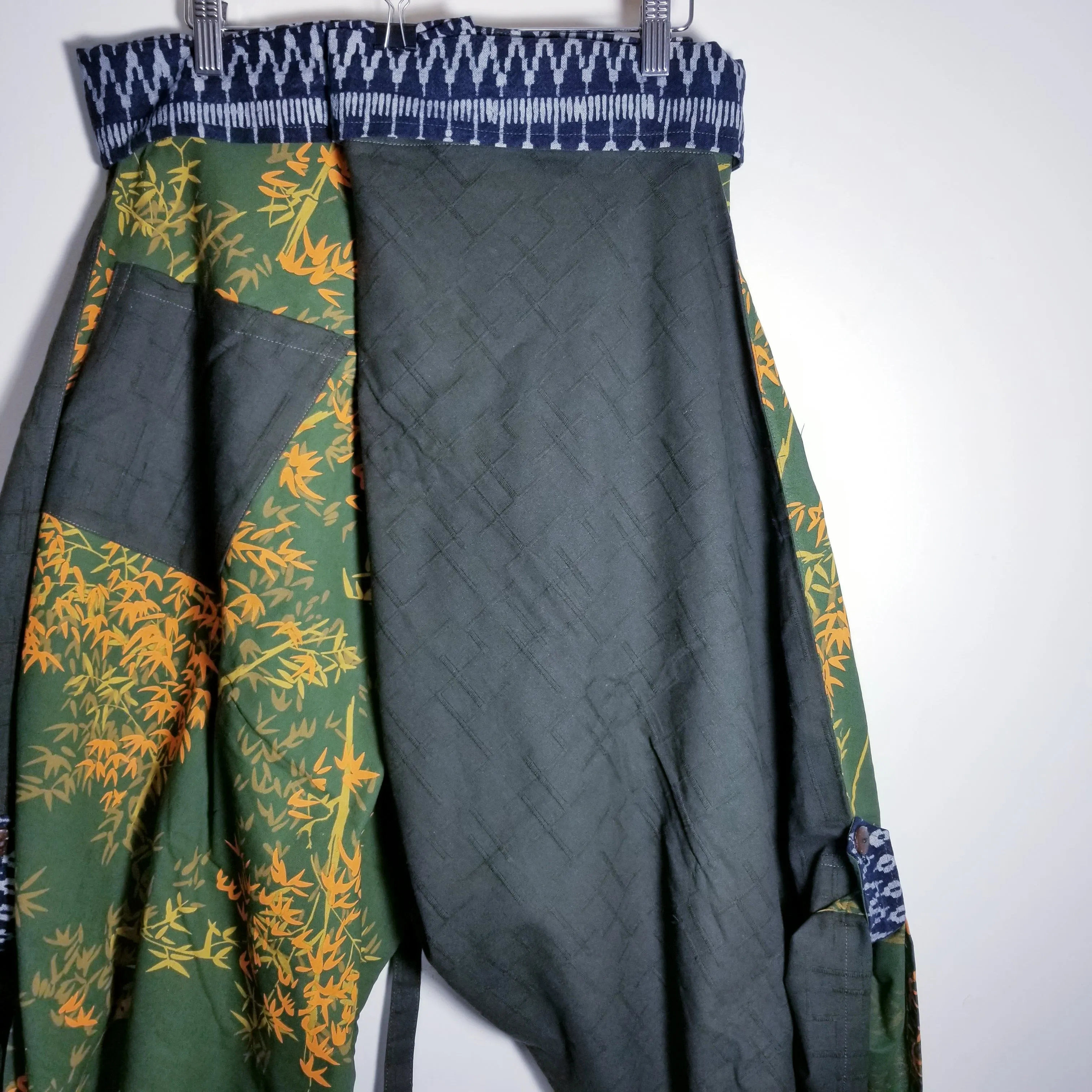 Green Bamboo Leaves samurai pants waist tied size S to XXL