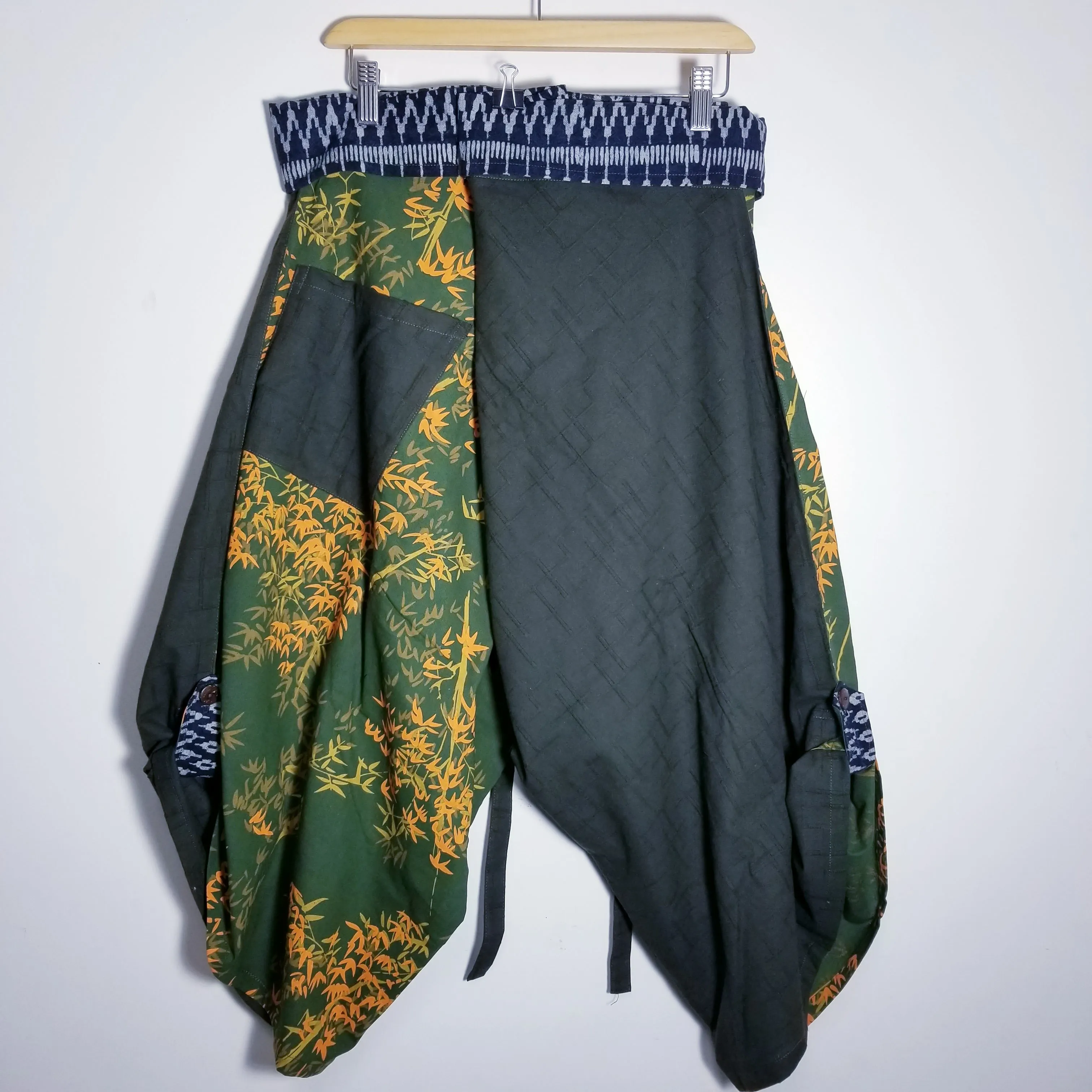 Green Bamboo Leaves samurai pants waist tied size S to XXL