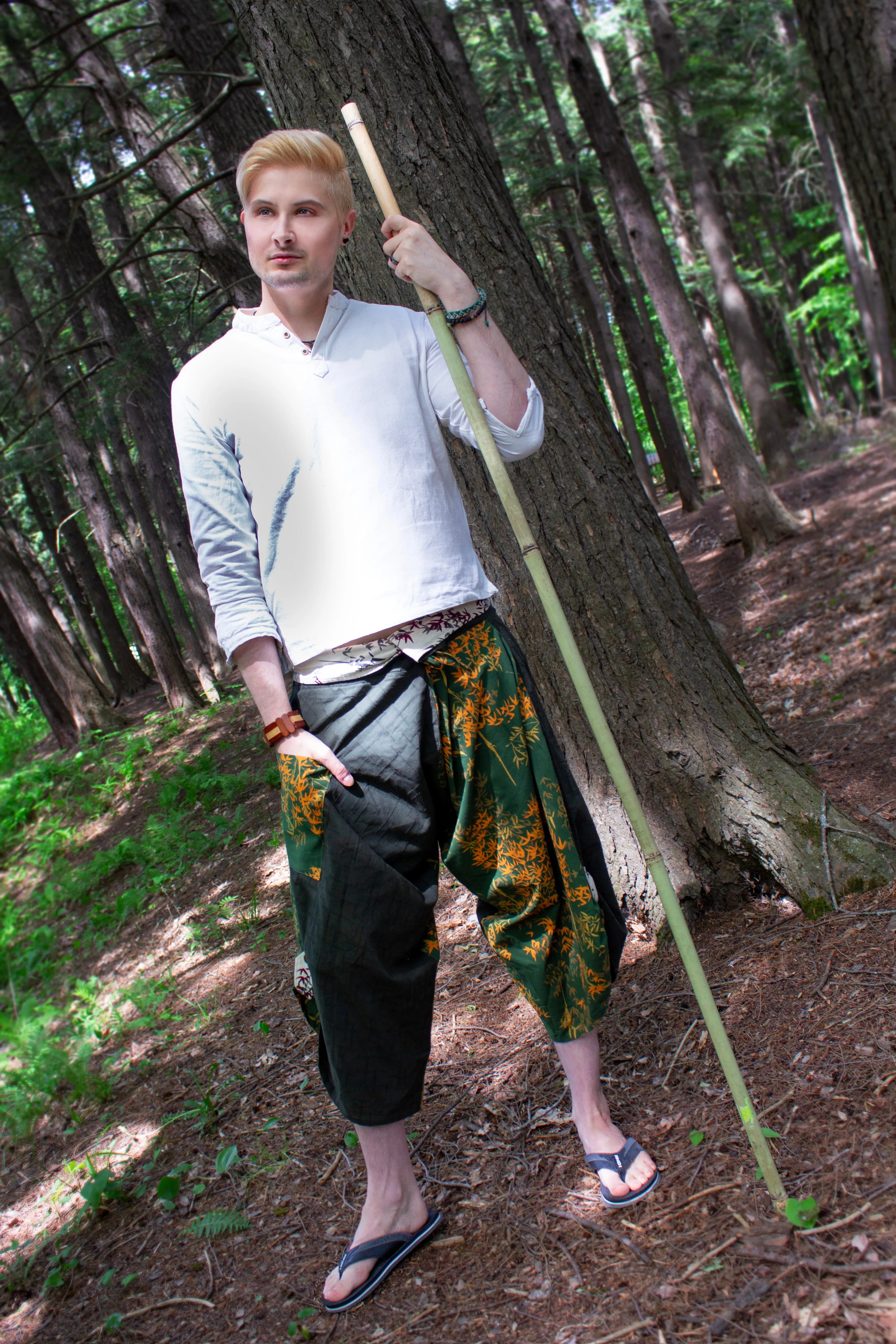 Green Bamboo Leaves samurai pants waist tied size S to XXL