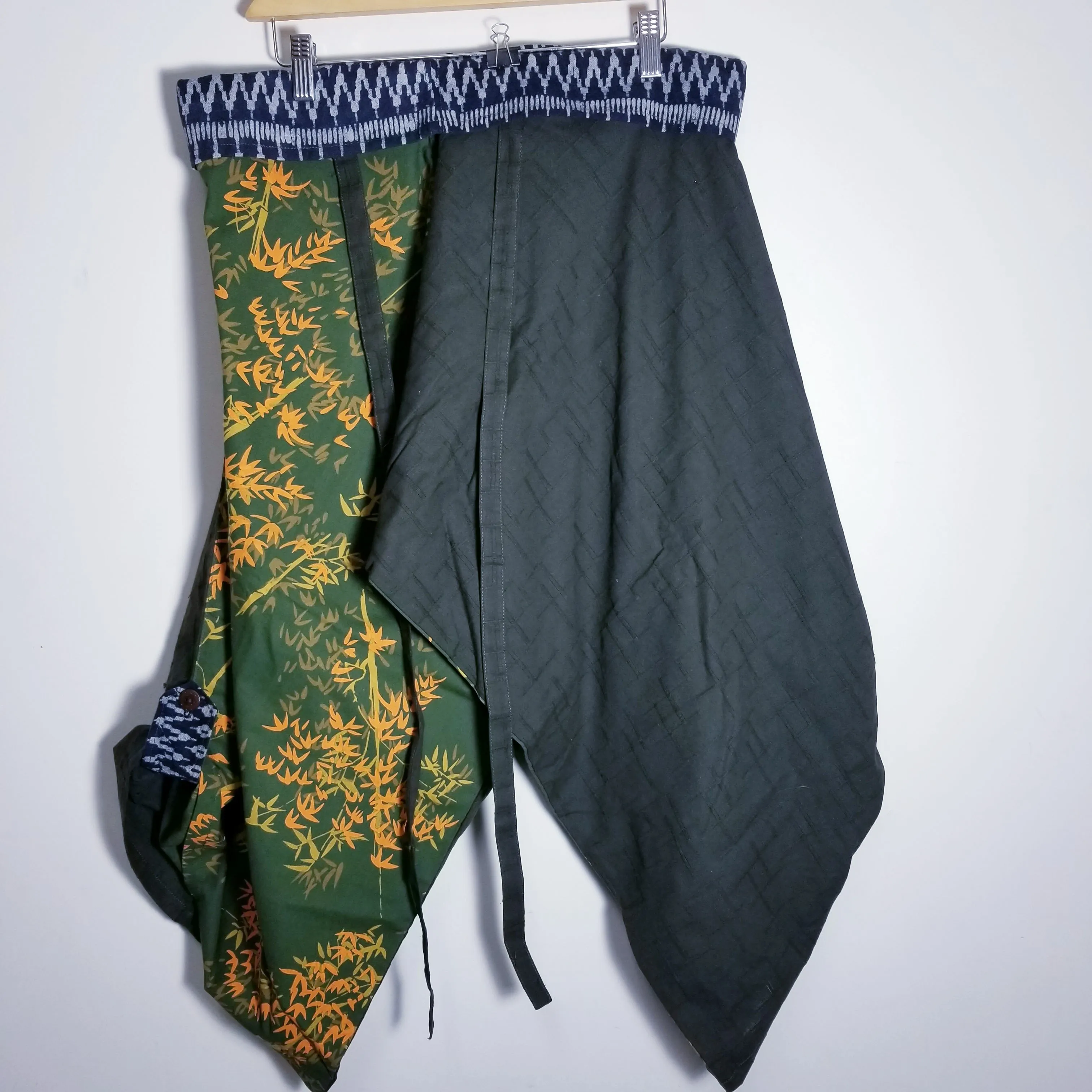 Green Bamboo Leaves samurai pants waist tied size S to XXL