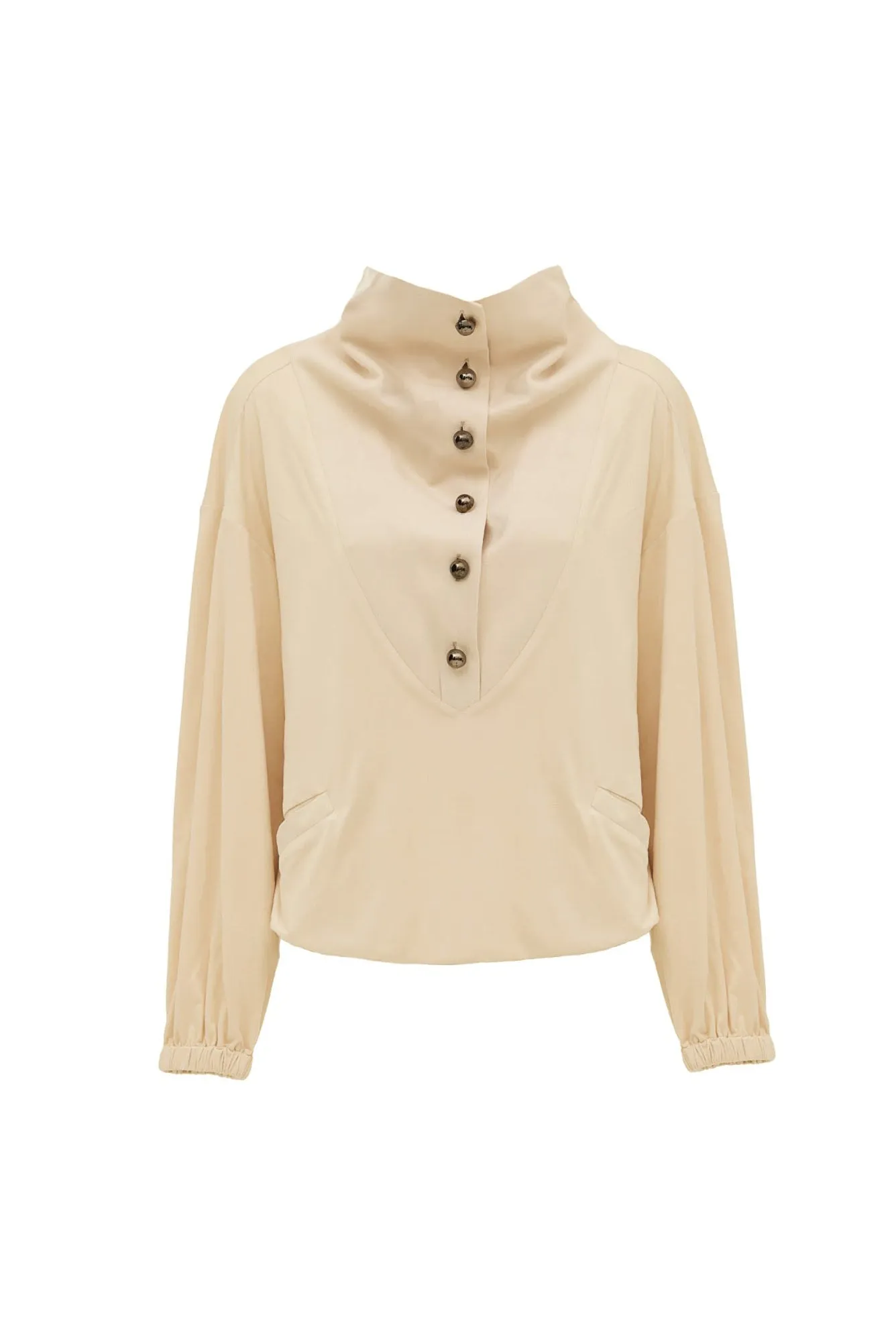 High-Neck Button-Up Loose Fit Blouse Faux Suede Pale Yellow