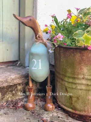 House name or number (outdoor) - Decorated Wooden Duck in Boots by Mrs H the Duck Lady