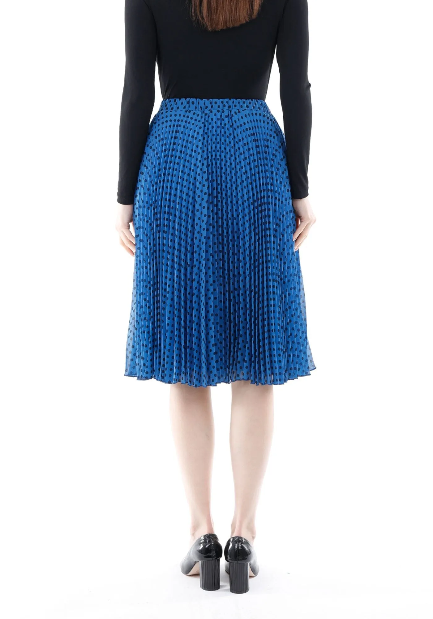 Indigo Chiffon Polka Dot Pattern Pleated Midi Skirt