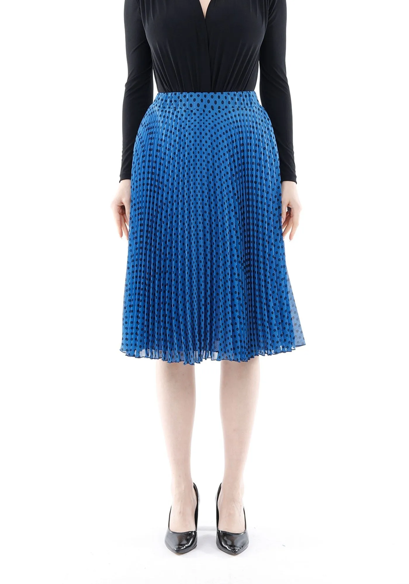 Indigo Chiffon Polka Dot Pattern Pleated Midi Skirt