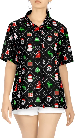 LA LEELA Women's Tropical Santa Claus Party Ugly Hawaiian Christmas Day Shirts Black