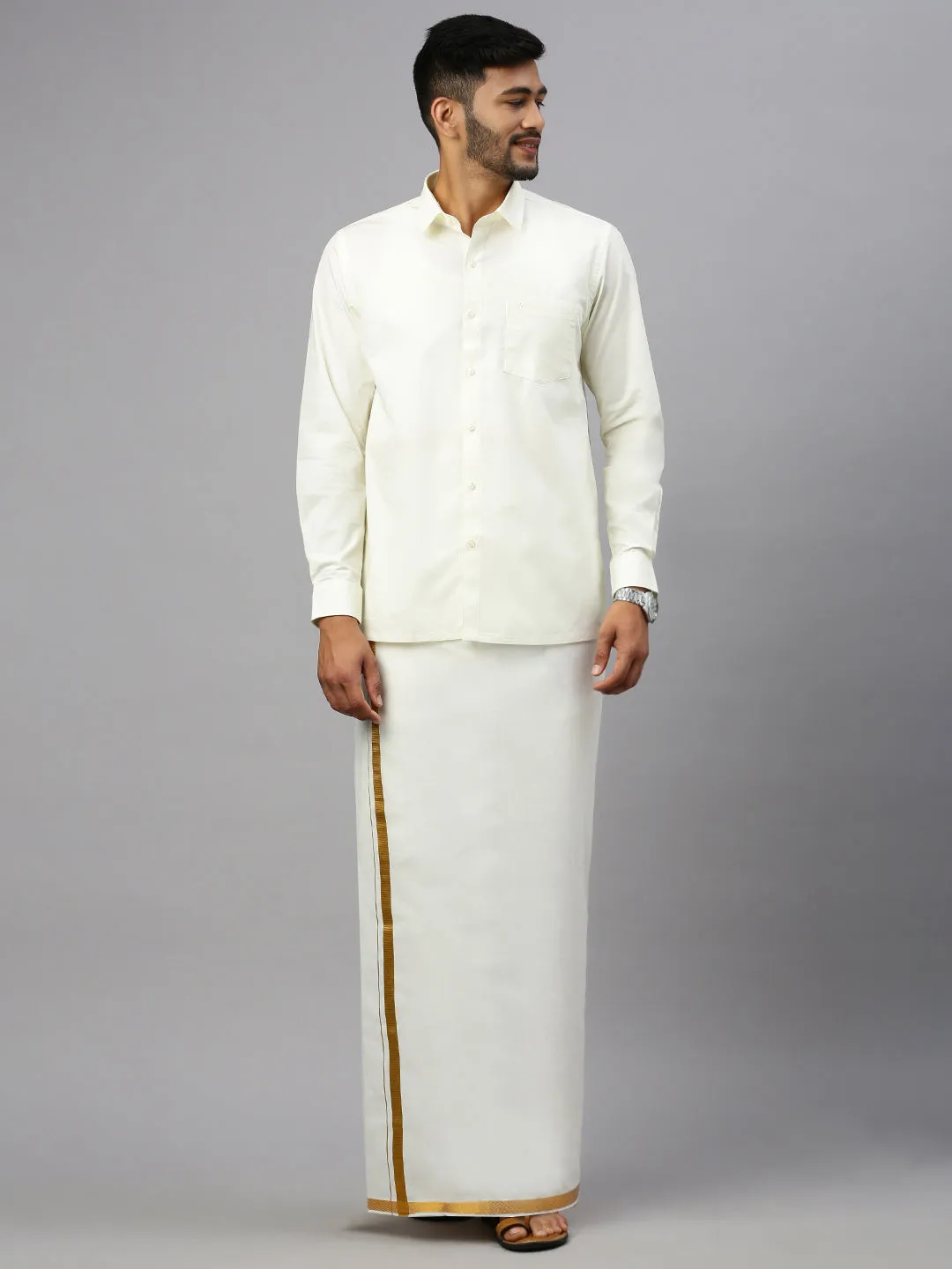 Men Double Dhoti Cream with 1/2" Gold Jari Border Amirta