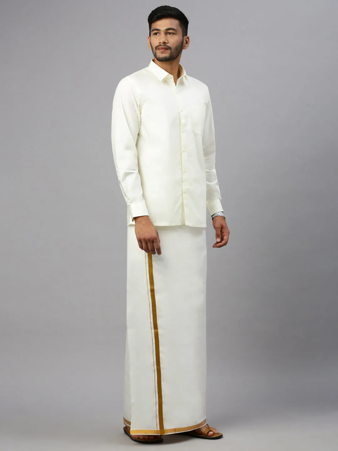 Men Double Dhoti Cream with 1/2" Gold Jari Border Amirta