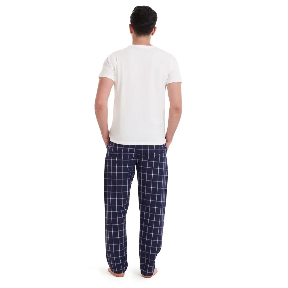 Men summer pajama set Off White T-shirt   Dark Blue x Grey Checkered pants