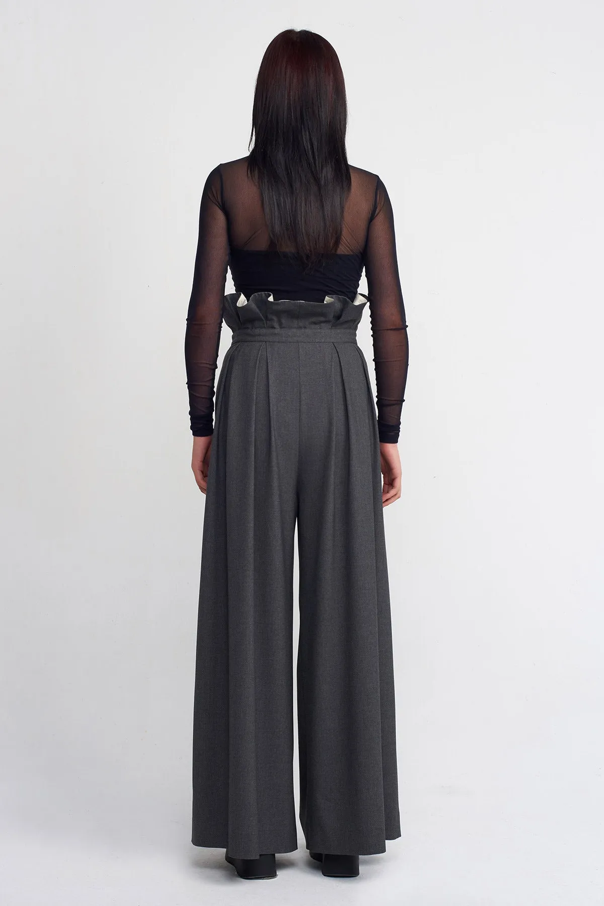 Nu Tie-Waist Palazzo Trousers Dark Grey Melange