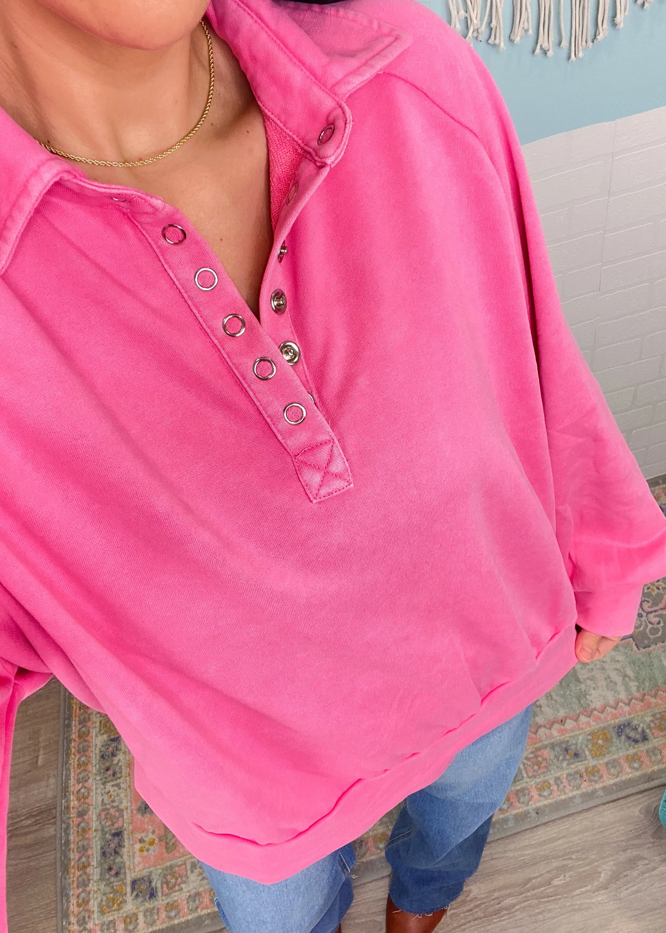 'Petra' Bubblegum Pink Vintage Washed Snap Button Pullover