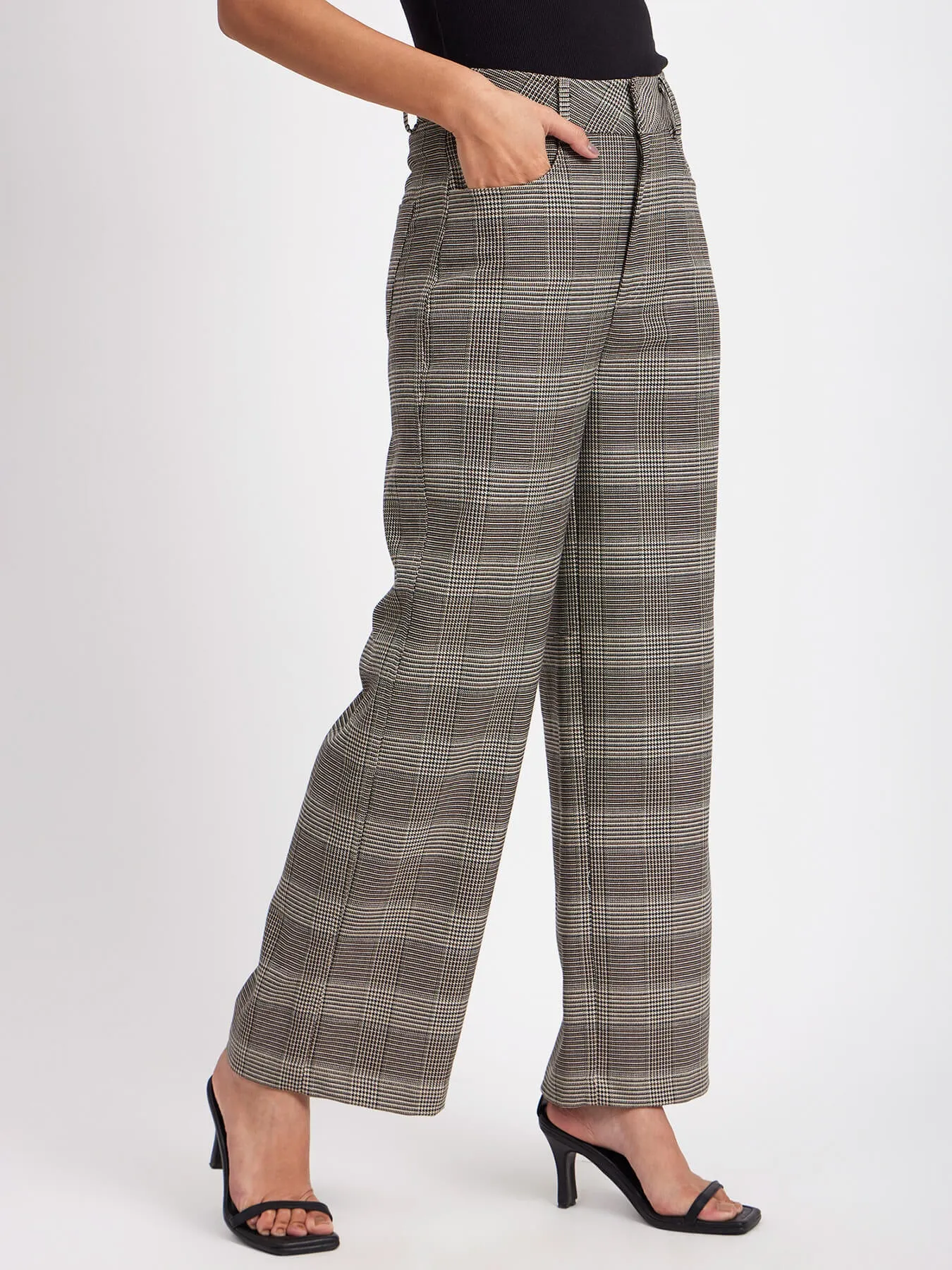 Plaid Straight Fit Plaids Pants - Black and Beige