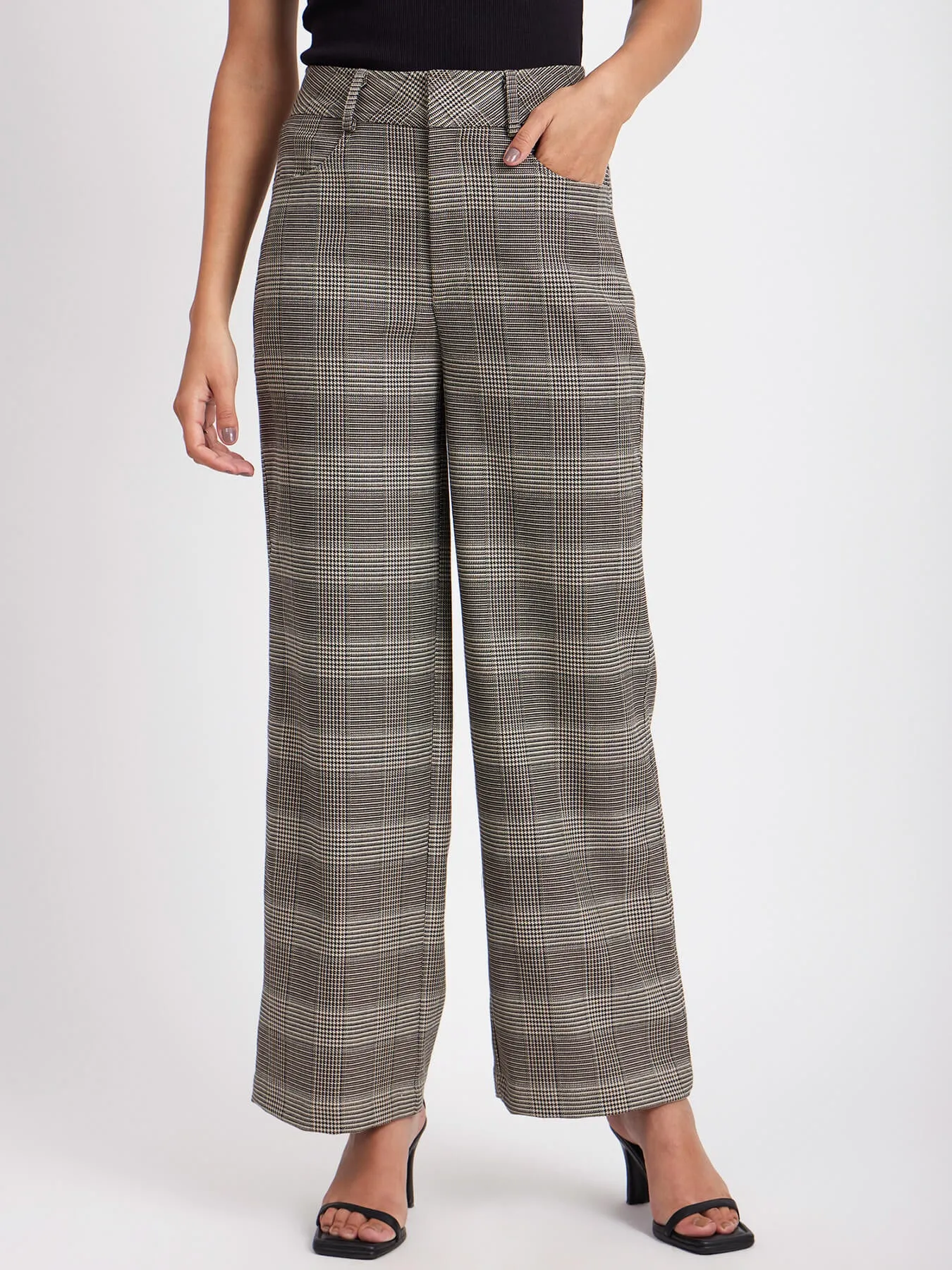 Plaid Straight Fit Plaids Pants - Black and Beige