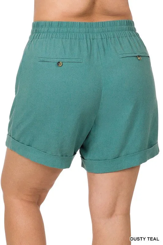 Plus Size Linen Drawstring-Waist Shorts with Pockets