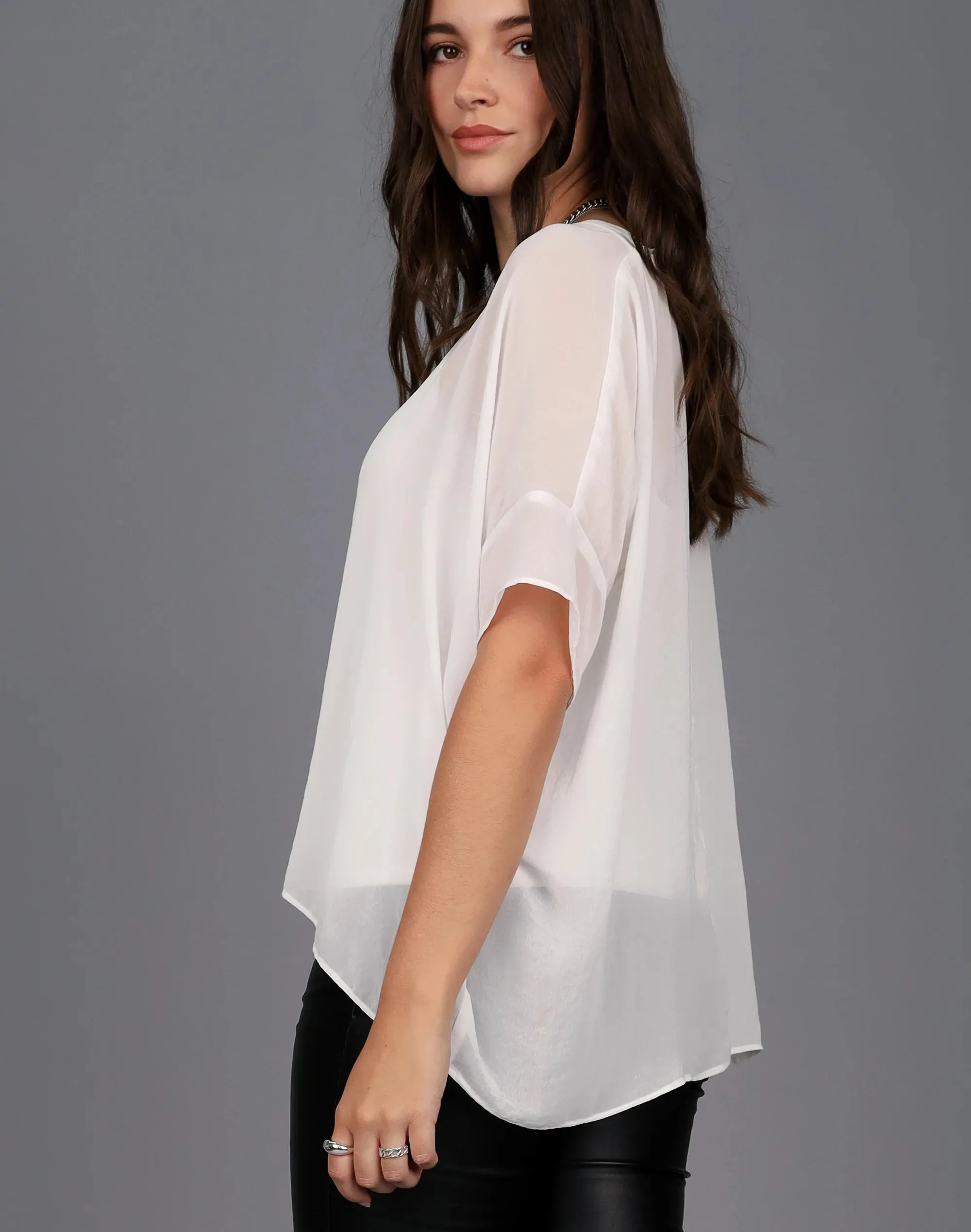 Relaxed Sheer Short Sleeve Top -WHITE