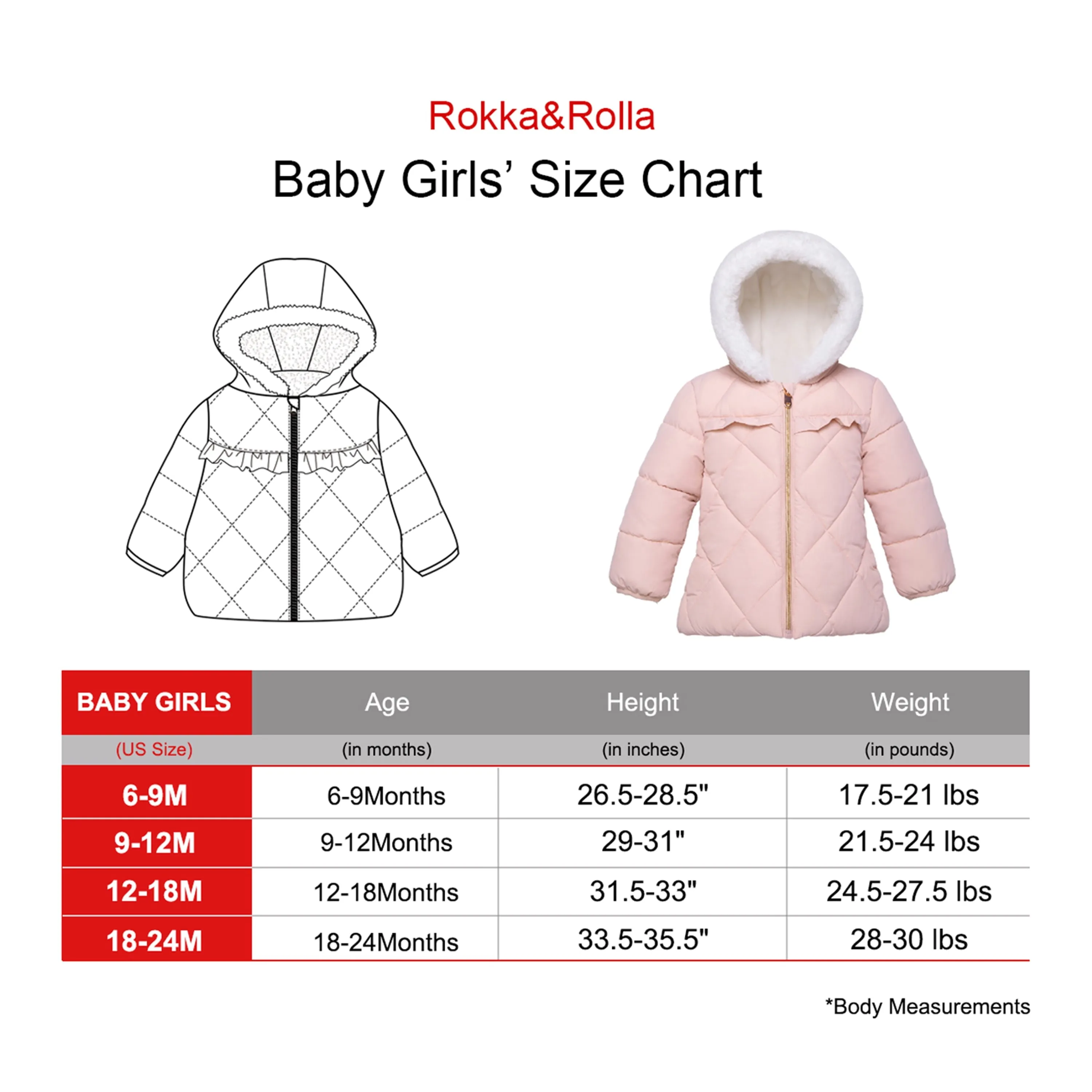 Rokka&Rolla Baby Girls' Puffer Jacket Toddler Fleece Lined Winter Coat for Infants, Sizes 6-24M