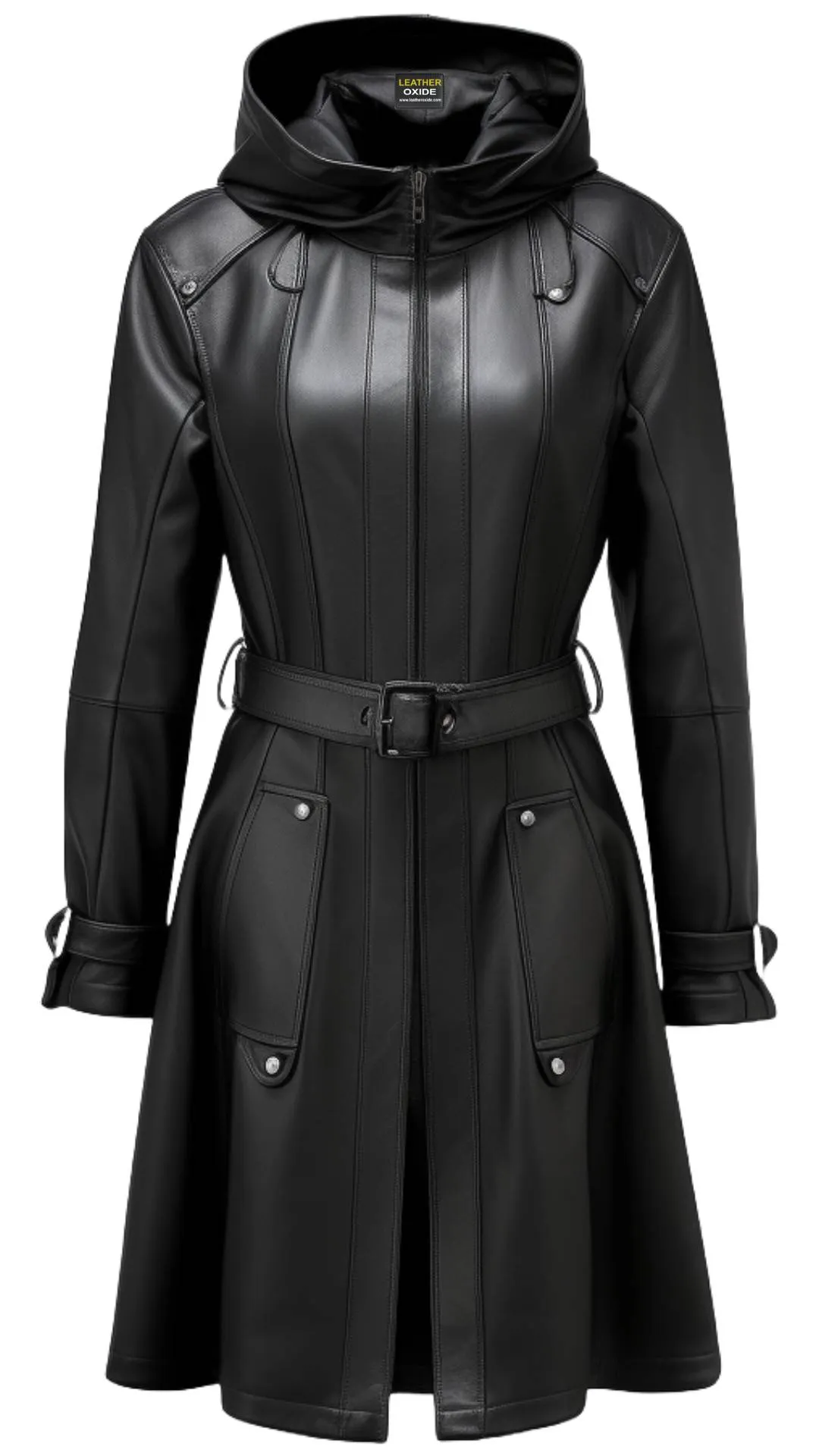 Women Black Leather Coat - Hooded Leather Coat