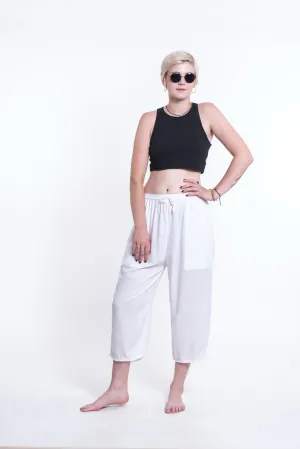 Womens Solid Color Drawstring Cropped Pants in White